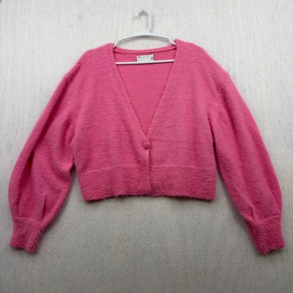 ASOS DESIGN Women Pink Fuzzy Knit Cropped Cardigan Balloon Sleeve V-Neck US 8